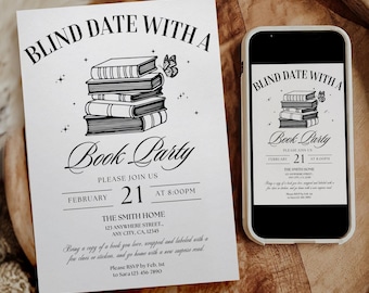 Modello di invito per festa di appuntamento al buio con un libro, invito per festa di scambio di libri, invito per serata di lettura per ragazze, invito per libro sulle cose preferite