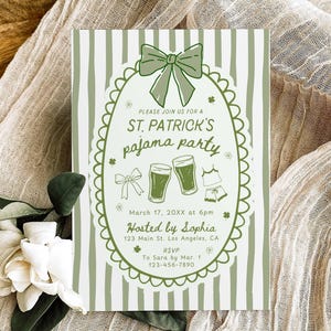 May include: A St. Patrick's pajama party invitation with a green and white striped background. The invitation features a green bow, shamrocks, and illustrations of beer and pajamas. Text includes the party details and RSVP information.
