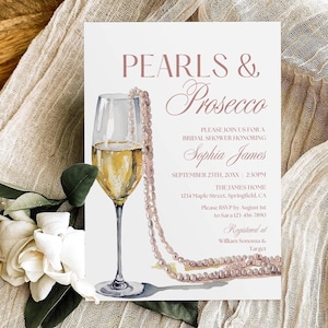 Pearls and Prosecco Bridal Shower Invitation Template, Pearls & Prosecco Bridal Shower Invite, Pearl Wedding Shower Brunch Decor Printable