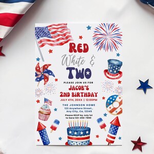 Red White & Two Birthday Party Invitation Template, 2nd Birthday Invite, 4th of July Independence Day Second Birthday Invite Printable