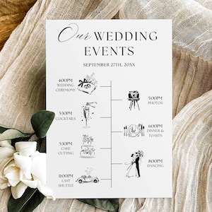 Puede incluir: Una tarjeta blanca con un programa de eventos de boda, con texto e ilustraciones en negro, incluido el texto "Our WEDDING EVENTS" y la fecha. La tarjeta está sobre una tela beige con una flor blanca y hojas verdes.