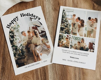 Modelo de cartão de foto de Natal, cartão de Natal de revisão do ano, cartão de Natal de foto de família para impressão, boletim informativo de férias de fotos de arco editável