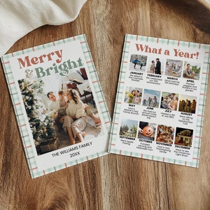 Karierte Weihnachtsfotokartenvorlage, Jahresrückblick Feiertagskarte, druckbare Familienfoto-Weihnachtskarte, Feiertags-Newsletter-Karte bearbeitbar