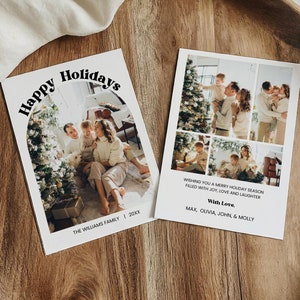 Kerstkaartsjabloon, jaaroverzicht kerstkaart, afdrukbare familiefoto kerstkaart, boogfoto vakantie nieuwsbrief bewerkbaar