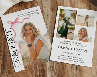 Graduation Invitation Template, Senior Graduate Announcement, Pink Bow Minimalist Graduation Party Invite, 2026 Photo Grad Card Editable