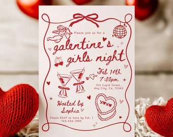 Galentine's Day Invitation Template, Valentines Party Girls Night Party Invite, Pink Whimsical hand drawn Galentines Invite Brunch Printable