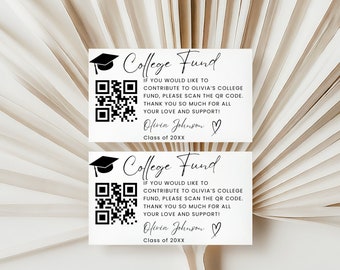 College Fund QR Code Insert Card Template, Modern Minimalist Graduation Party Card, Custom High School Grad Insert Donation QR Code Editable