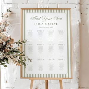 Sage Green Sitzplan Schild Vorlage, Elegante Blumen Garten Party Hochzeit Tischnummer Schild, Vintage Finde deinen Platz Beschilderung Dekor Bearbeitbar