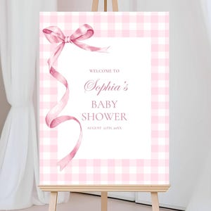 Rosa Gingham-Babyparty-Willkommensschild-Vorlage, Bogen-Plaid-Babyparty-Willkommensschild, Mädchen-Weinlese kokett Baby-Brunch-Willkommensschild bearbeitbar