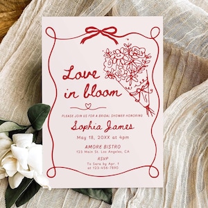 Sjabloon uitnodiging vrijgezellenfeest, bloemen vrijgezellenfeest uitnodiging, liefde in bloei huwelijksdouche, handgetekende boeket douchedecor afdrukbaar