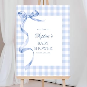 Modelo de placa de boas-vindas para chá de bebê com guingão azul, placa de boas-vindas para chá de bebê com laço xadrez, placa de boas-vindas para brunch de bebê vintage coquete para menino editável
