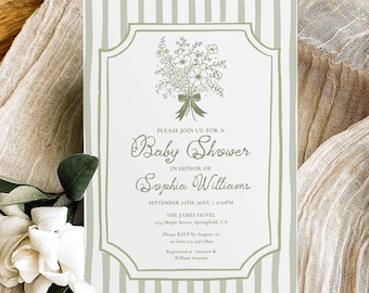 Green Baby Shower Invitation Template, Gender Neutral Baby Shower Invite, Vintage Elegant Boho Floral Baby Brunch Invite Editable Printable
