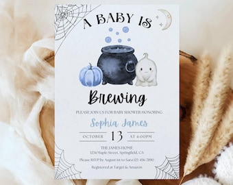 Baby braut Babypartyeinladungsvorlage, Halloween-Babypartyeinladung, Jungen-Baby-Brunch-Einladung gruseliger Kessel bearbeitbares druckbares