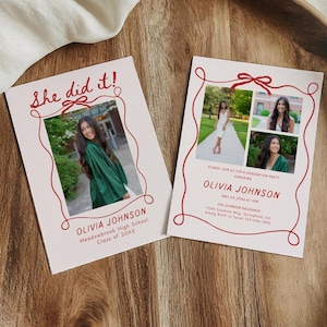 Modèle d'invitation pour l'obtention du diplôme, faire-part de finissants seniors, invitation à une fête de remise des diplômes ondulée dessinée à la main, carte de remise de diplôme photo avec noeud modifiable
