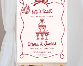 Wedding Welcome Sign Template, Whimsical Hand Drawn Wedding Sign, Champagne Welcome Wedding Sign, Wedding Signage Red and Pink Editable