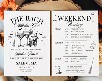 Witchy vrijgezellenfeest uitnodiging & reisschema sjabloon, Halloween Bach Weekend invite, Bride or Die till Death do us Party Gothic Bach