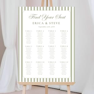 Sage Green Sitzplan Schild Vorlage, Elegante Blumen Garten Party Hochzeit Tischnummer Schild, Vintage Finde deinen Platz Beschilderung Dekor Bearbeitbar