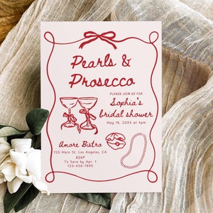Pearls and Prosecco Bridal Shower Invitation Template, Hand Drawn Pearls & Prosecco Bridal Shower Invite, Wedding Shower Decor Printable