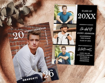 Graduation Invitation Template, Senior Graduate Announcement, Modern Black Graduation Party Invite, Boy Son Photo Graduation Card Editable