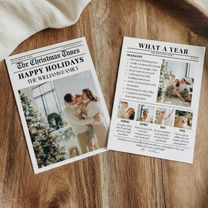 Tarjeta navideña con resumen del año, plantilla de tarjeta navideña con foto de periódico, tarjeta navideña con foto familiar imprimible, boletín navideño editable