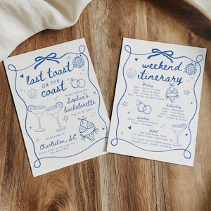 Last Toast on the Coast Bachelorette Party uitnodiging & reisschema sjabloon, handgetekende Coastal Beach Bach Party Weekend uitnodiging meisjesreis