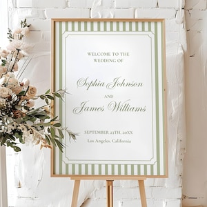 Sage Green Wedding Welcome Sign Template, Elegant Garden Party Welcome Wedding Sign, Vintage Stripes Wedding Welcome Signage Decor Editable
