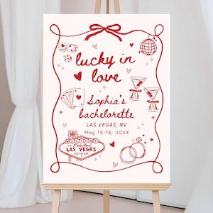 Lucky In Love Bachelorette Party Welcome Sign, Hand Drawn Las Vegas Bach Decor, Girl Night Out Casino Bach Party Girls Trip Signage Editable