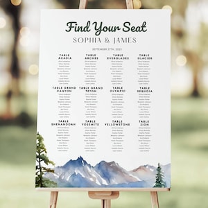 National Park Sitzplan Schild, moderner Bergwald Willkommen Tischnummer Schild Vorlage, Abenteuer Hochzeit Finden Sie Ihren Platz Poster Schild