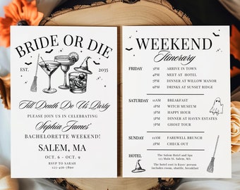 Witchy vrijgezellenfeest uitnodiging & reisschema sjabloon, Halloween Bach Weekend invite, Bride or Die till Death do us Party Gothic Bach