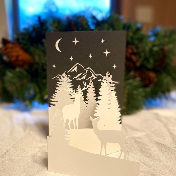 Hirsch, Weihnachtseinladung, Winterwald Urlaub Einladung für Cricut/ Silhouette (VectorSvg Dxf Eps Papier) Papierschnitt Laser Cut Vorlage