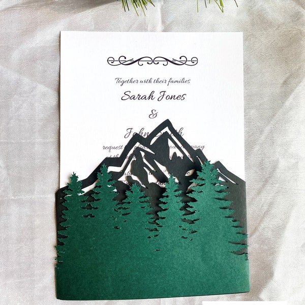 Mountain Forest Wedding Invitation, Pine Tree Belly Band Invite for Cricut/Silhouette (Vector Svg Dxf Eps Paper) Papercut Laser Cut Template