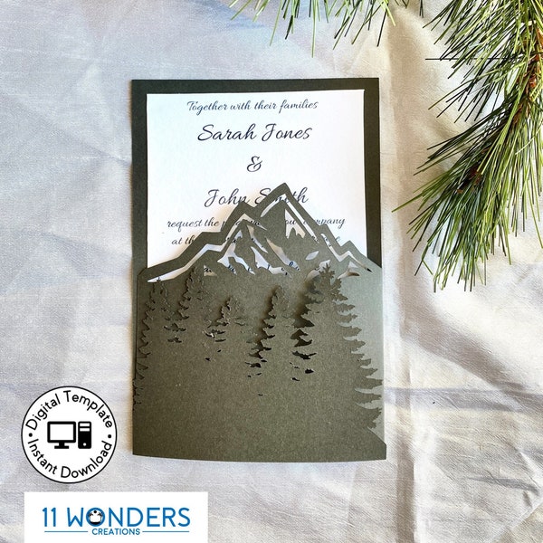 Mountain Forest Wedding Invitation, 5x7 Gatefold Trifold Invite for Cricut/Silhouette (Vector Svg Dxf Eps Paper) Papercut Laser Cut Template