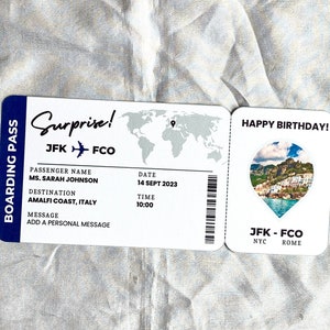 Modèle de carte d'embarquement modifiable, billet de voyage surprise, billet d'avion imprimable, bon cadeau de vol, billet d'avion vacances, faux billet
