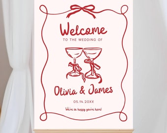 Wedding Welcome Sign Template, Whimsical Hand Drawn Wedding Sign, Champagne Welcome Wedding Sign, Wedding Signage Red and Pink Editable