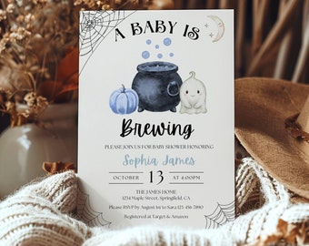 Baby braut Babypartyeinladungsvorlage, Halloween-Babypartyeinladung, Jungen-Baby-Brunch-Einladung gruseliger Kessel bearbeitbares druckbares