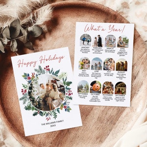 Plantilla de tarjeta fotográfica con corona navideña, tarjeta navideña con resumen del año, tarjeta navideña con foto familiar imprimible, tarjeta con boletín informativo navideño editable