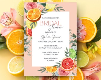 Citrus Bridal Shower Invitation Template, Orange and Lemon Bridal Shower Invite, Mediterranean Wedding Shower Modern Shower Decor Printable