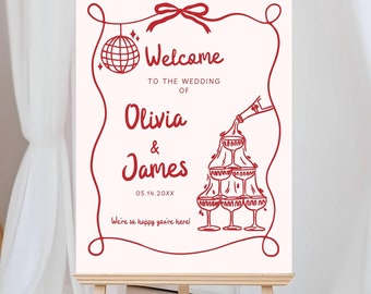 Wedding Welcome Sign Template, Whimsical Hand Drawn Wedding Sign, Champagne Welcome Wedding Sign, Wedding Signage Red and Pink Editable