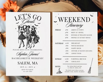 Witchy vrijgezellenfeest uitnodiging & reisschema sjabloon, Halloween Bach Weekend uitnodiging, Let's Go Ghouls Till Death do us Party Gothic Bach