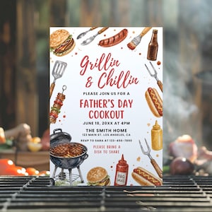 May include: A Father's Day cookout invitation with the text "Grillin & Chillin." The invitation features watercolor illustrations of burgers, hot dogs, grilling tools, and a barbecue grill. The details include the date, time, and location.