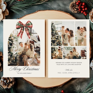 Modelo de cartão de foto de Natal, cartão de Natal de revisão do ano, cartão de Natal com foto de família para impressão, boletim informativo de férias com arco de arco editável
