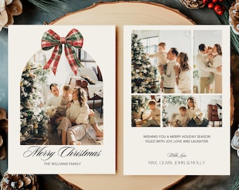 May include: A Christmas card with a photo of a family in front of a Christmas tree. The card has a red and green bow on top and the text "Merry Christmas" and "The Williams Family". The back of the card has a collage of photos of the family and the text "Wishing you a Merry Holiday Season filled with joy, love and laughter. With Love Max, Olma, John & Molly."