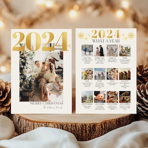 Biglietto di Natale con panoramica dell'anno, modello di collage fotografico "Che anno" 2024, biglietto fotografico di Natale per la famiglia stampabile, newsletter delle vacanze modificabile
