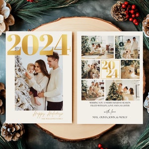 Jaaroverzicht kerstkaart, 2024 What a Year fotocollagesjabloon, afdrukbare familie kerstfotokaart, vakantienieuwsbrief bewerkbaar