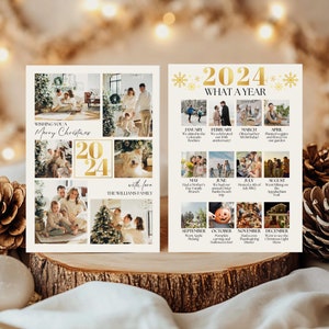 Jaaroverzicht kerstkaart, 2024 What a Year fotocollagesjabloon, afdrukbare familie kerstfotokaart, vakantienieuwsbrief bewerkbaar