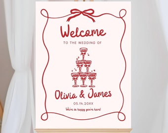 Wedding Welcome Sign Template, Whimsical Hand Drawn Wedding Sign, Champagne Welcome Wedding Sign, Wedding Signage Red and Pink Editable