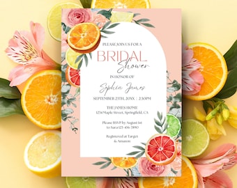 Citrus Bridal Shower Invitation Template, Orange and Lemon Bridal Shower Invite, Mediterranean Wedding Shower Modern Shower Decor Printable
