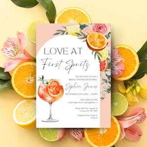 Modelo de convite para chá de panela Aperol Spritz, convite para chá de panela Love at First Spritz, papel de carta para chá de panela Spritz para chá de casamento cítrico