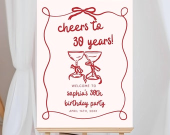 Prost auf 30 Jahre Willkommensschild-Vorlage, wunderliches handgezeichnetes Geburtstags-Willkommensschild, rosa Champagner-Geburtstagsfeier-Brunch-Beschilderung bearbeitbar