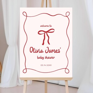 Pink Bow Baby Shower Welcome Sign Template, Coquette Baby Shower Dinner Party Welcome, Whimsical Hand Drawn Bow Baby Shower Brunch Editable